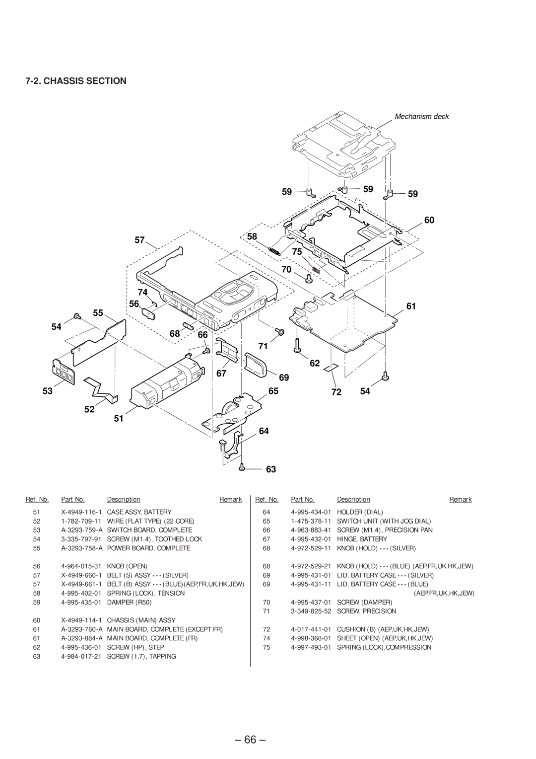 Sony MZ-R50 service manual Chassis Section, 53 A-3293-759-A Switch BOARD, Complete, 55 A-3293-758-A Power BOARD, Complete 