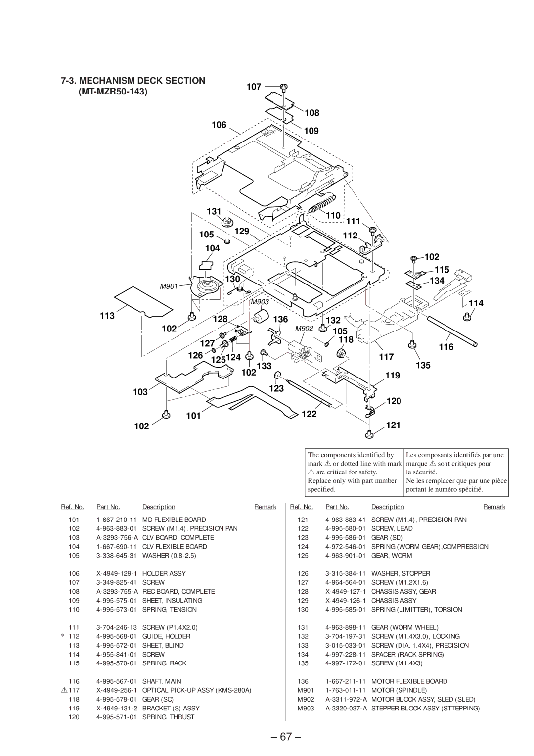 Sony MZ-R50 service manual Mechanism Deck Section, 124 4-972-546-01 Spring Worm GEAR,COMPRESSION, Motor Spindle 