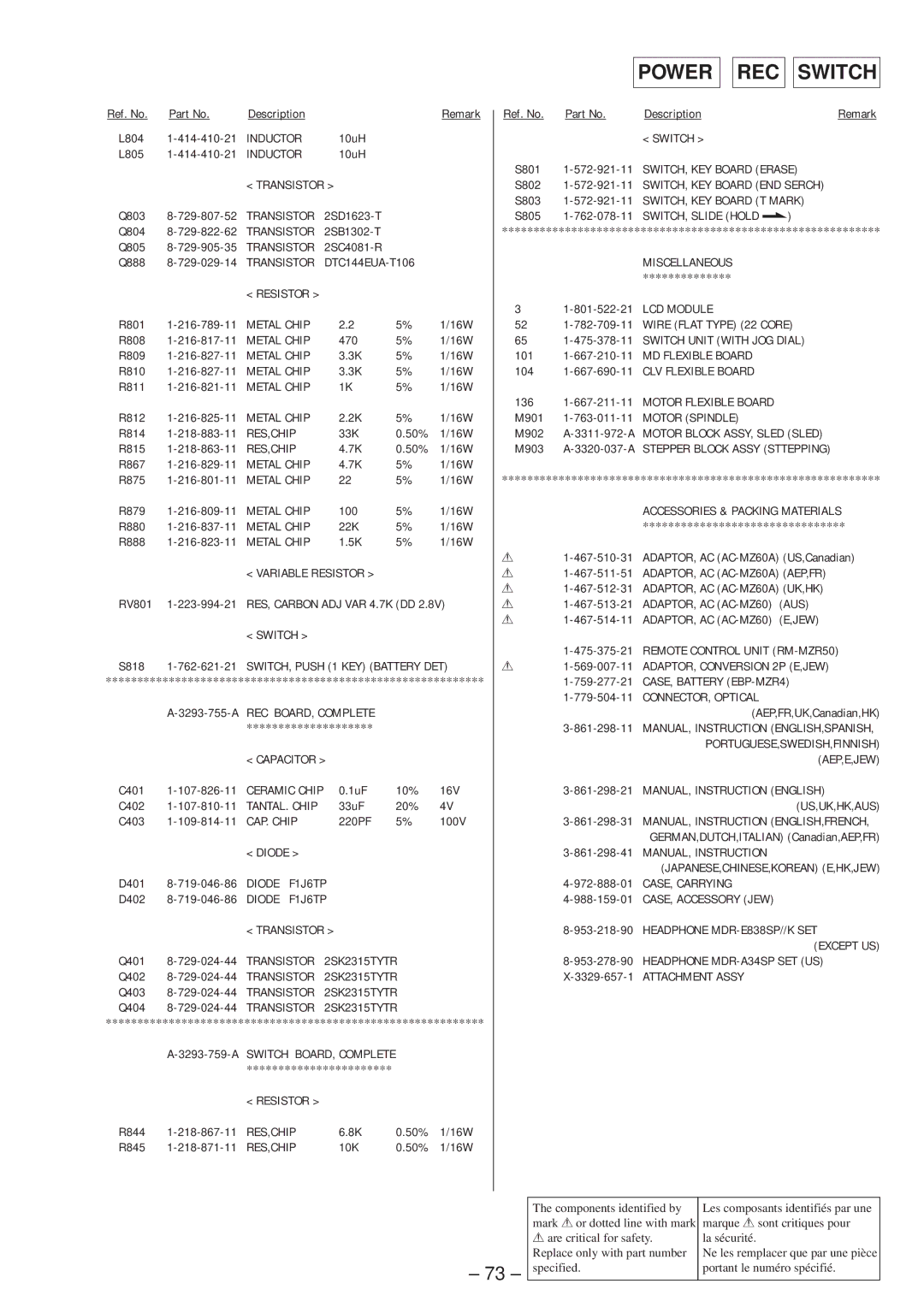 Sony MZ-R50 service manual Power REC Switch 