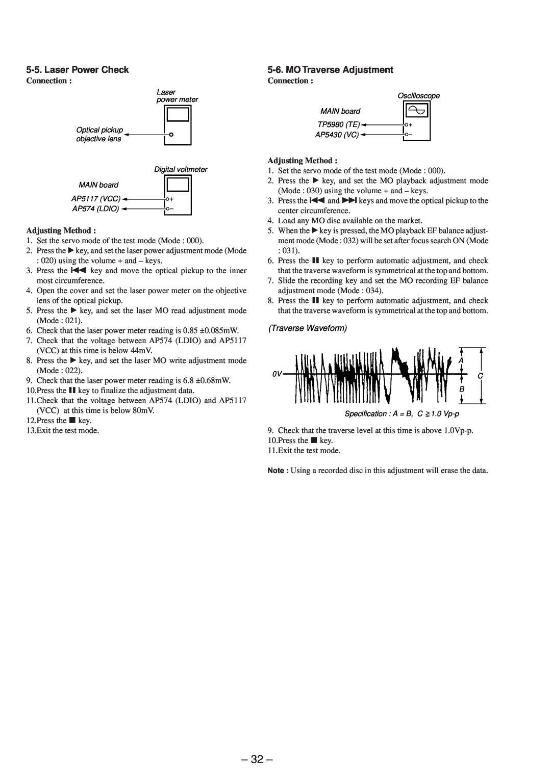 Sony MZ-R50 service manual Connection, Adjusting Method, Traverse Waveform 