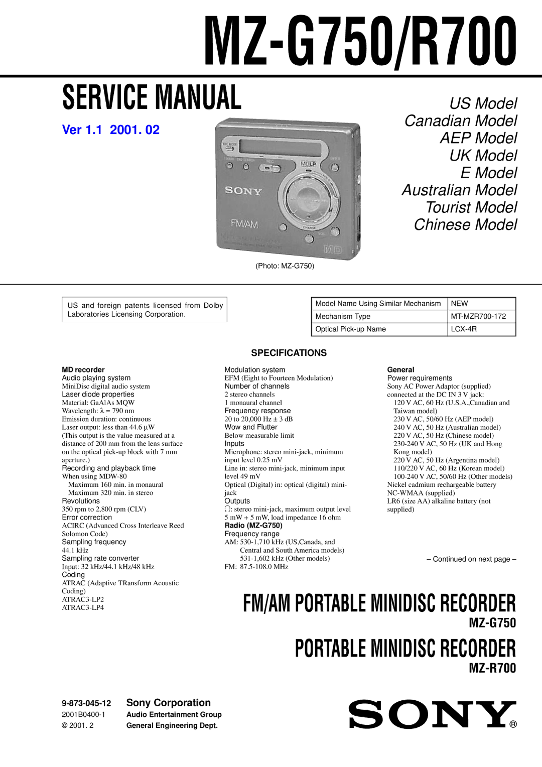 Sony MZ-R700 service manual MZ-G750/R700, Specifications 