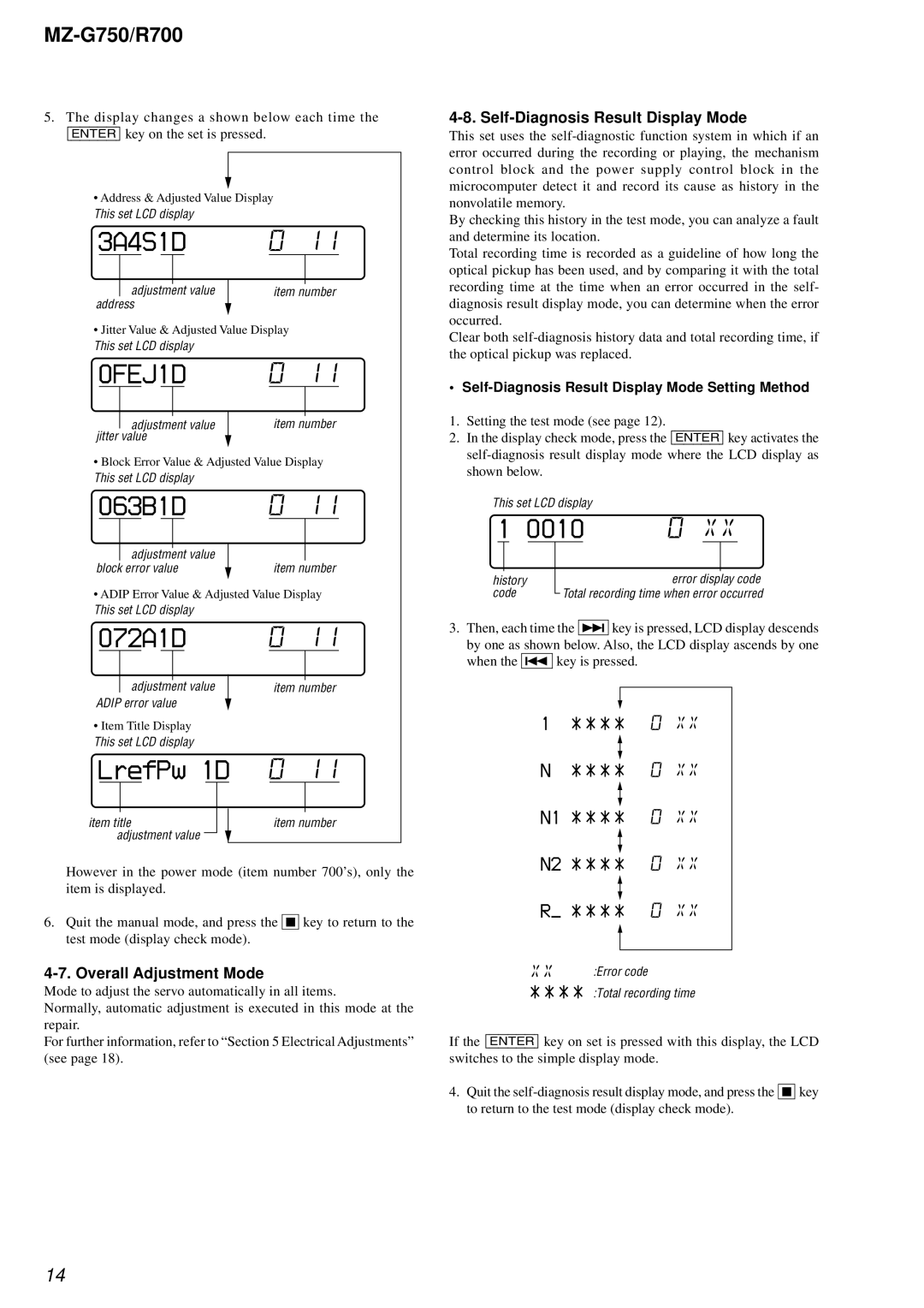 Sony MZ-R700 service manual LrefPw 1D 0, Overall Adjustment Mode, Self-Diagnosis Result Display Mode 