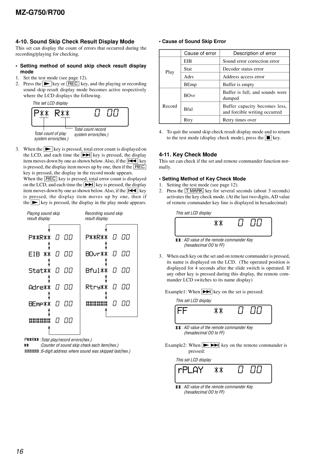 Sony MZ-R700 service manual Rplay, Sound Skip Check Result Display Mode, Key Check Mode 