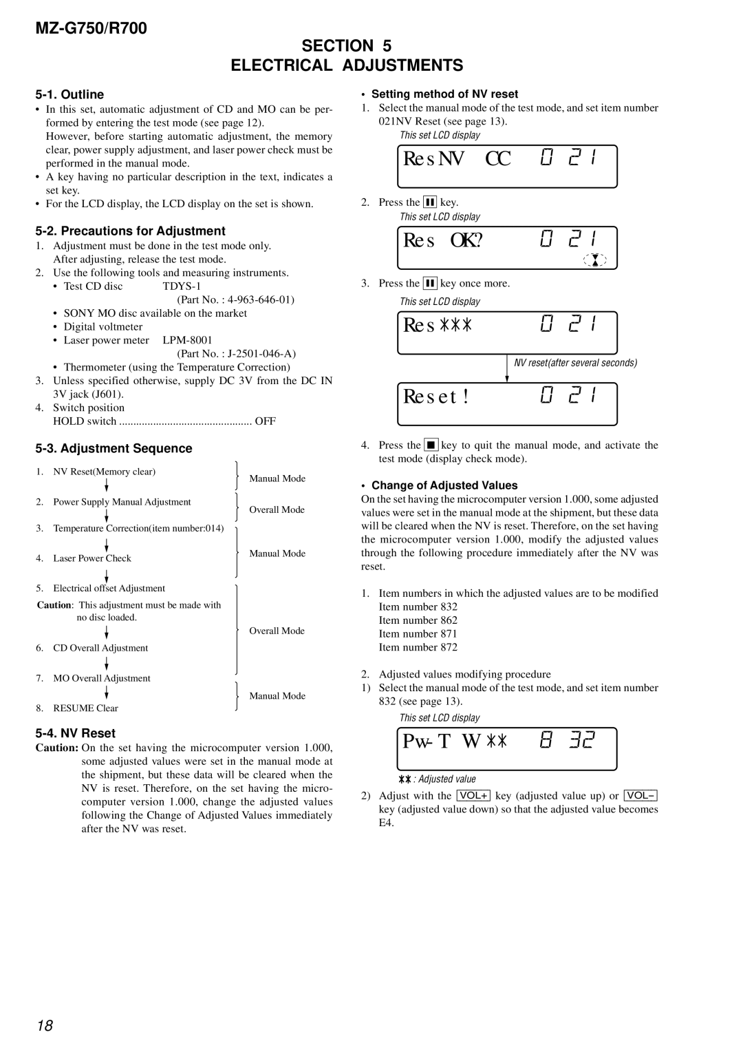 Sony MZ-R700 service manual ResNV CC 0, Res OK? 0, Reset! 0, Pw-T W 