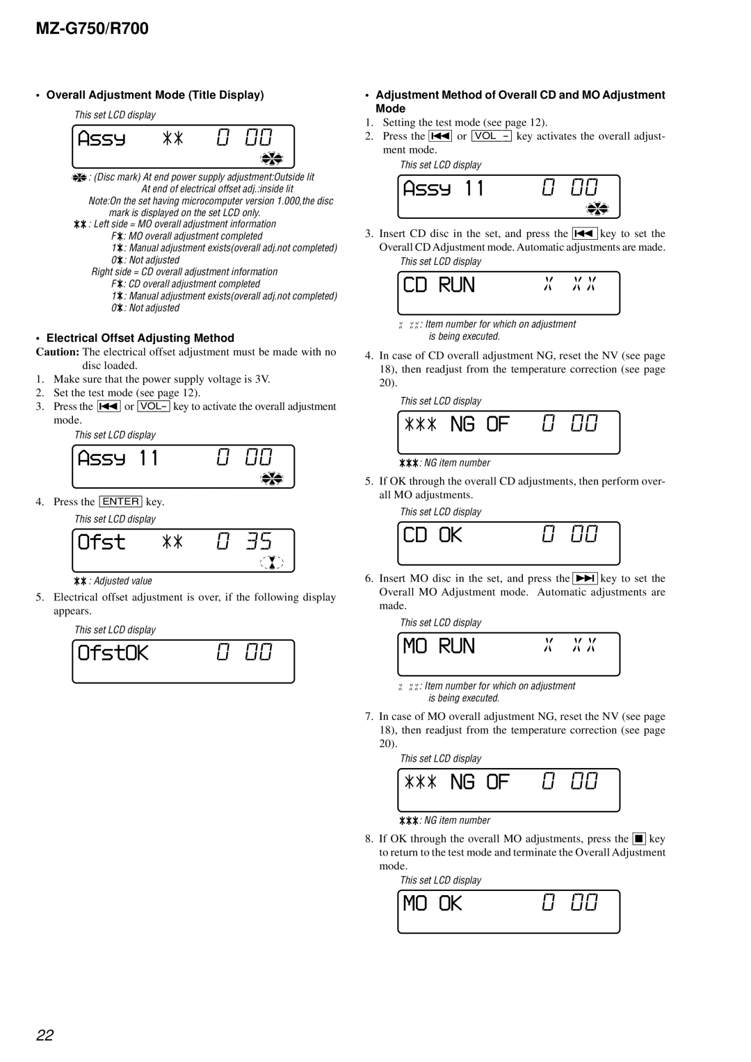 Sony MZ-R700 service manual Ofst, NG of 0, Overall Adjustment Mode Title Display, Electrical Offset Adjusting Method 