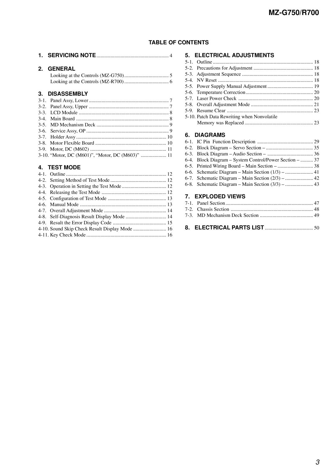 Sony MZ-R700 Table of Contents, Electrical Adjustments, General, Disassembly, Diagrams, Test Mode, Exploded Views 