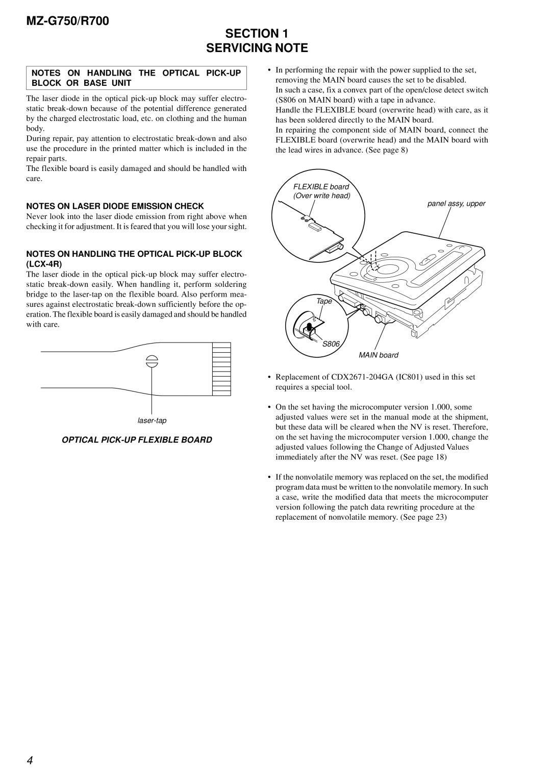 Sony MZ-R700 service manual Section Servicing Note, Optical PICK-UP Flexible Board 