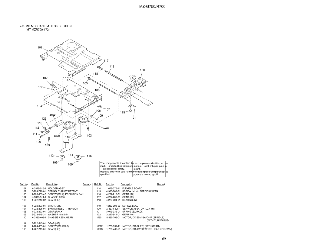 Sony MZ-R700 service manual MD Mechanism Deck Section MT-MZR700-172, 101 102 103 104, 122 110 112 111, 103 113 114 109 