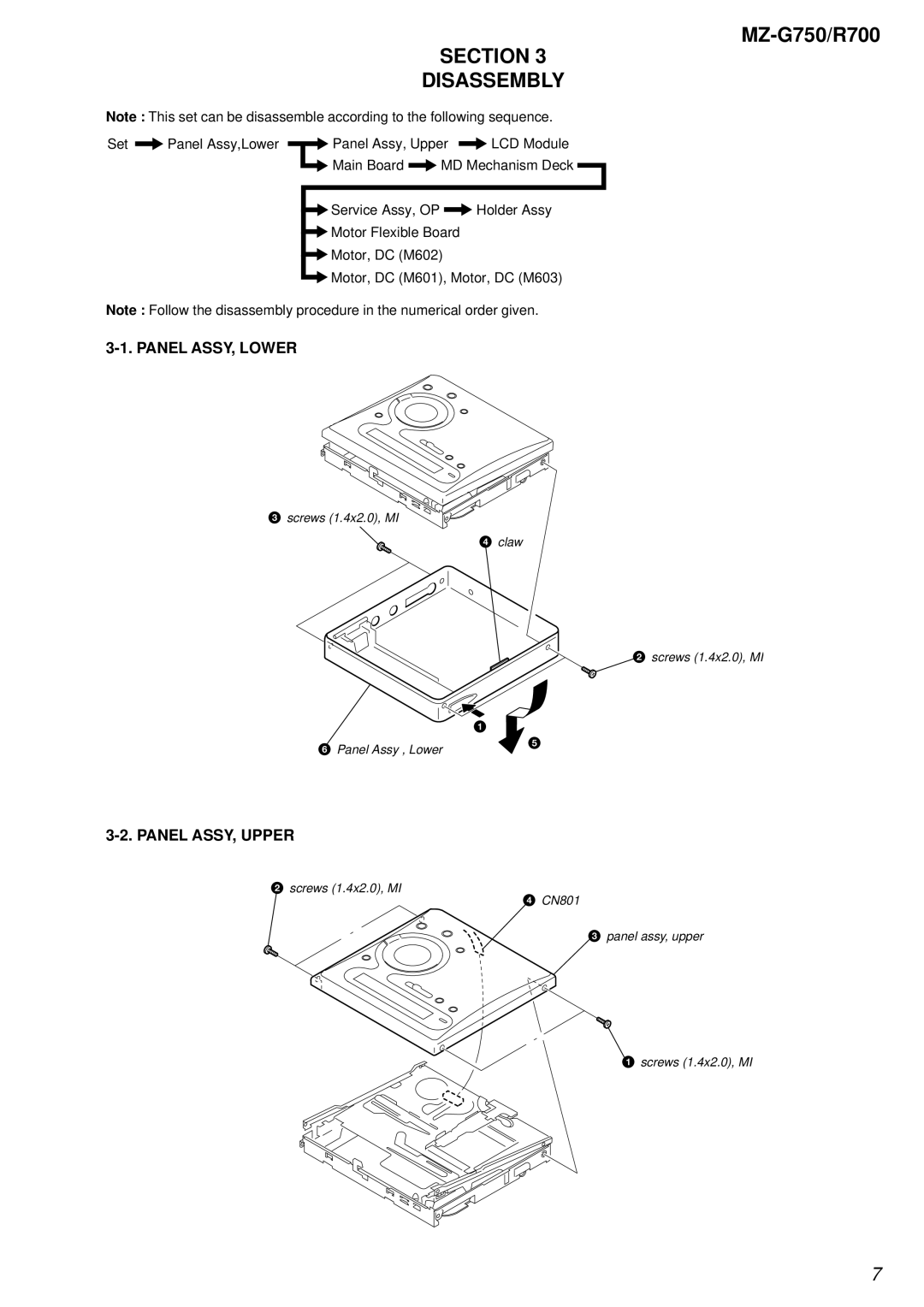 Sony MZ-R700 service manual Section Disassembly, Panel ASSY, Lower, Panel ASSY, Upper 