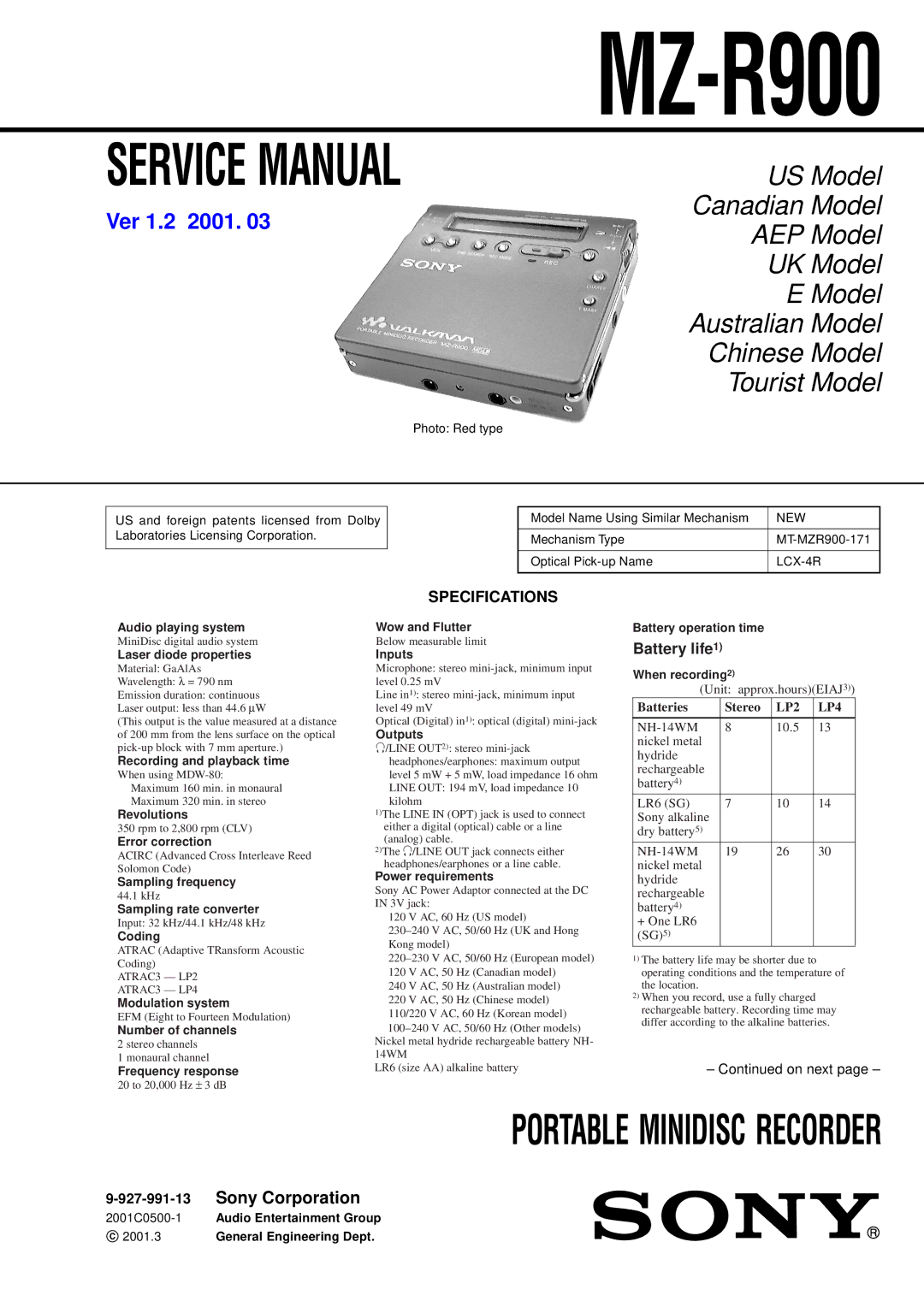 Sony MZ-R900 service manual Specifications, Battery life1, 927-991-13 