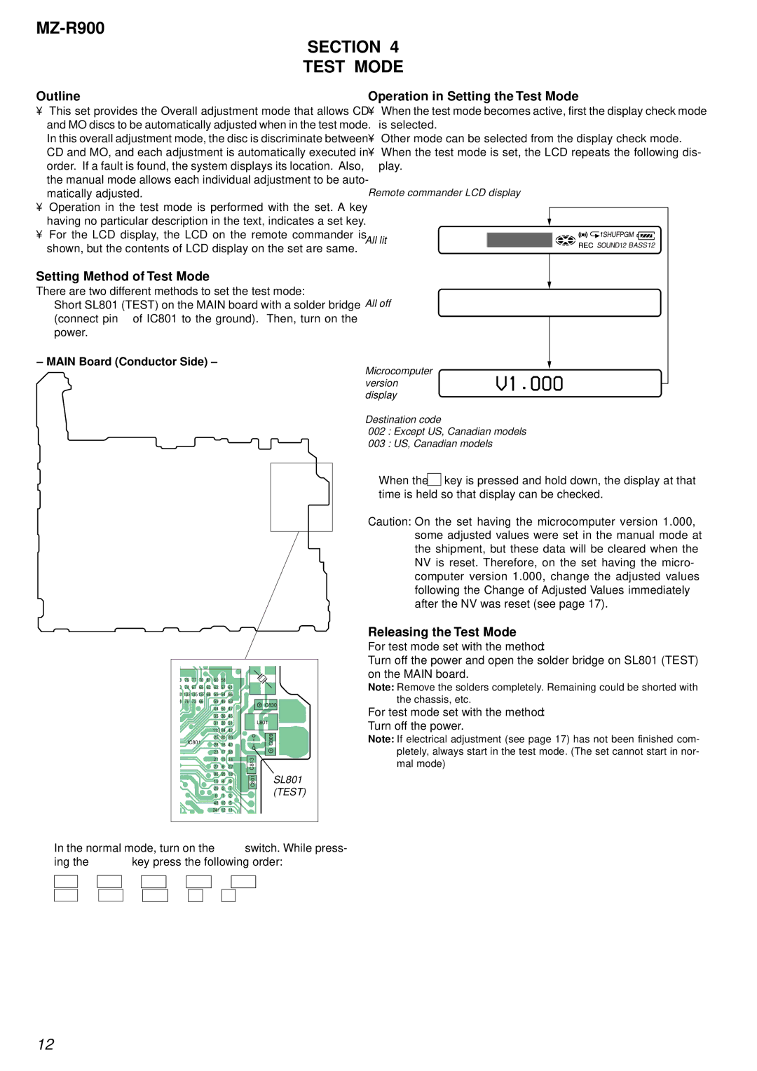 Sony MZ-R900 service manual Section Test Mode, Outline, Setting Method of Test Mode, Operation in Setting the Test Mode 