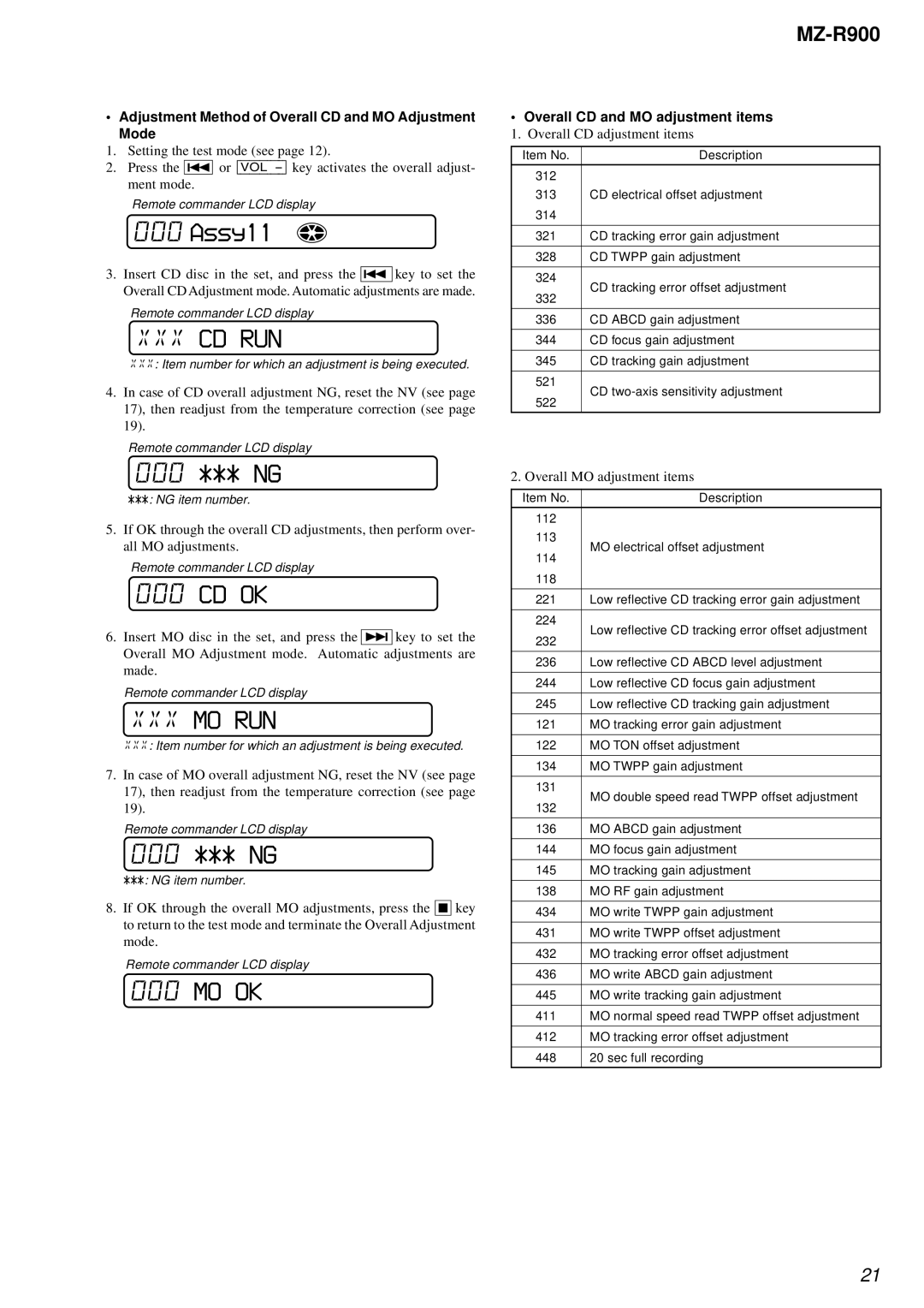 Sony MZ-R900 service manual 000 *** NG, Cd Ok, Mo Ok, Adjustment Method of Overall CD and MO Adjustment Mode 