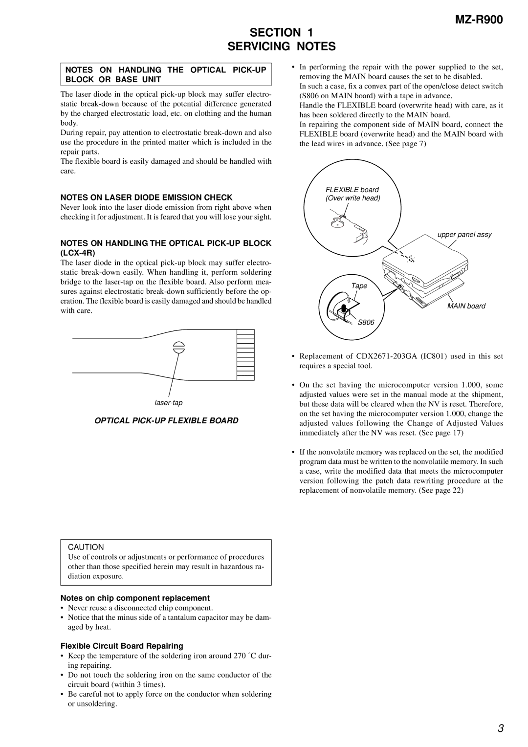 Sony MZ-R900 service manual Section Servicing Notes, Flexible Circuit Board Repairing 