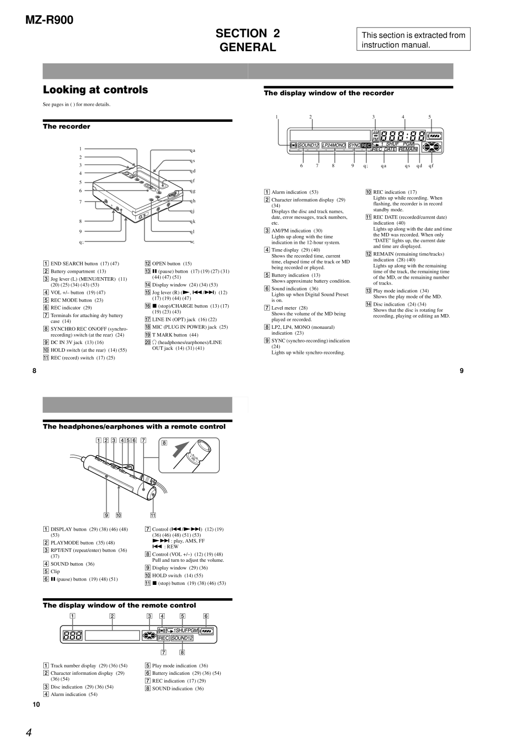 Sony MZ-R900 service manual Section General, Looking at controls 