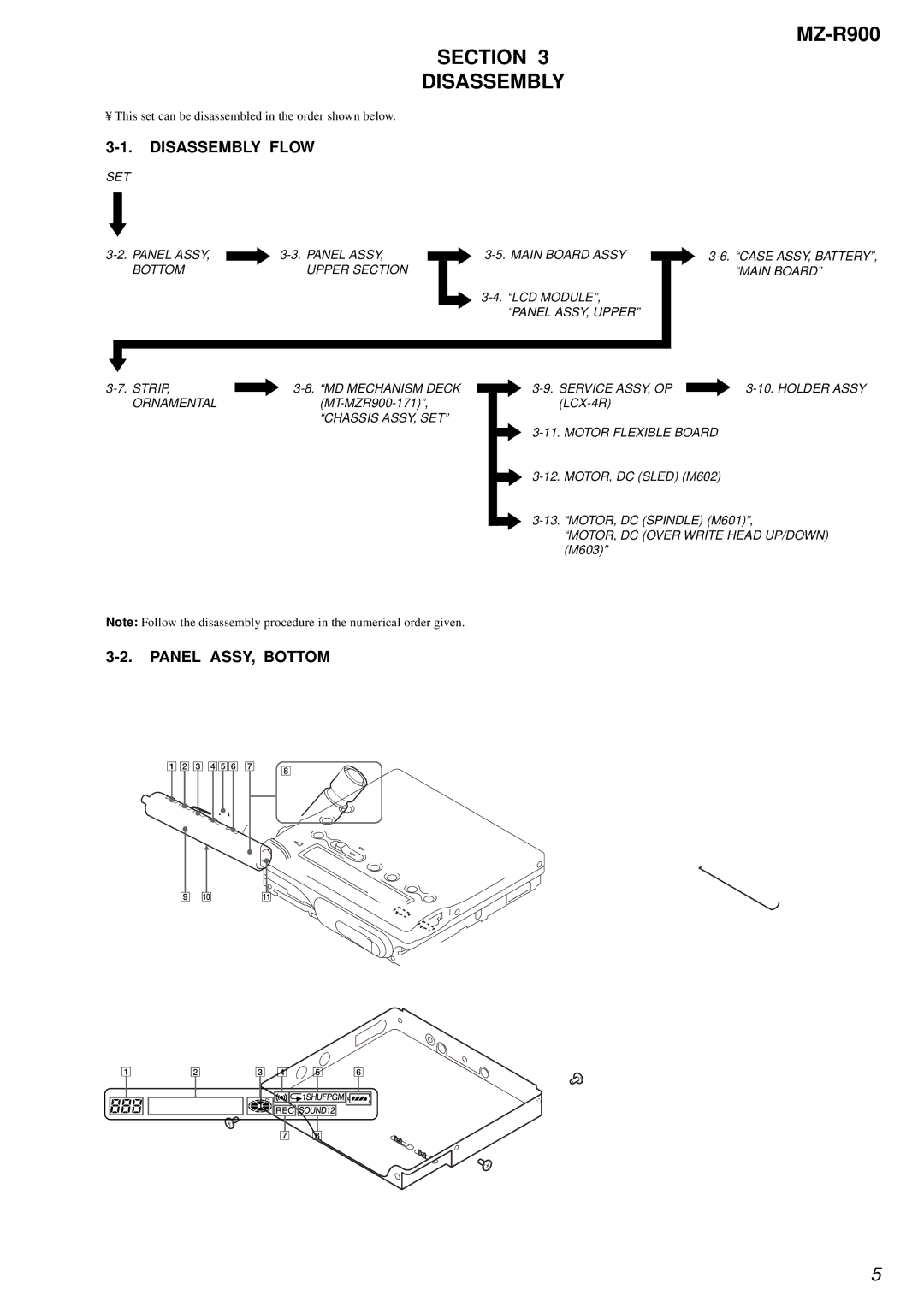 Sony MZ-R900 service manual Section Disassembly, Disassembly Flow, Panel ASSY, Bottom 