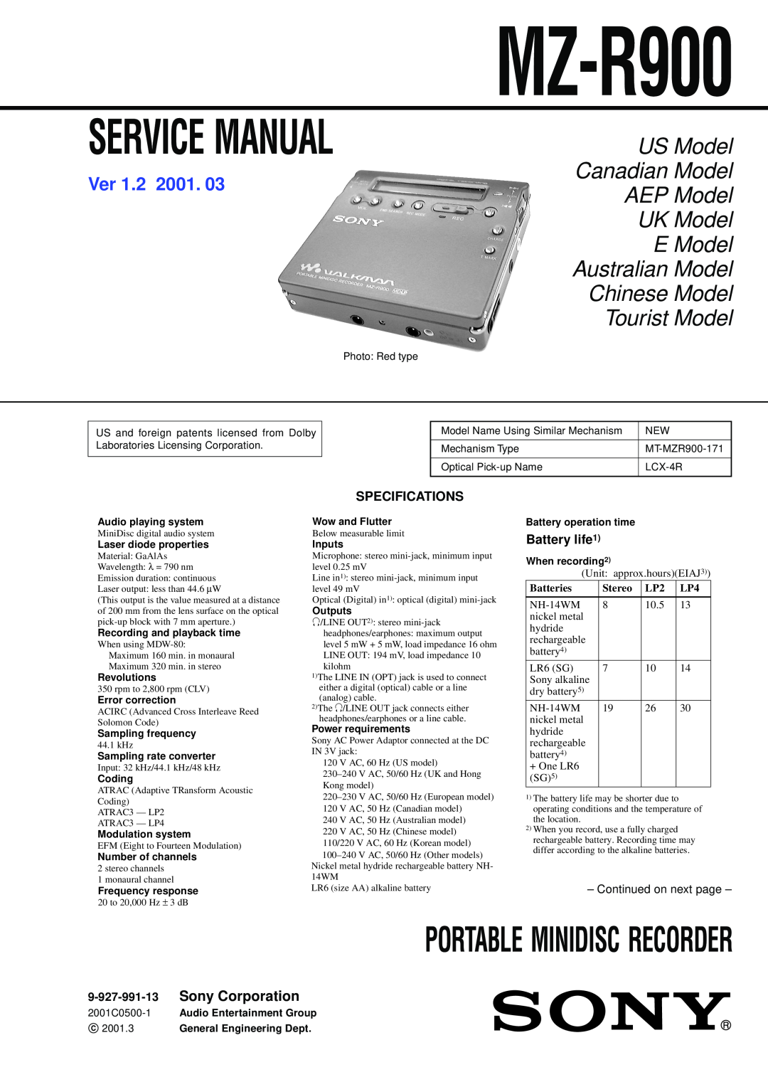 Sony MZ-R900 service manual Portable Minidisc Recorder, US Model, Canadian Model, AEP Model, UK Model, E Model, Ver 