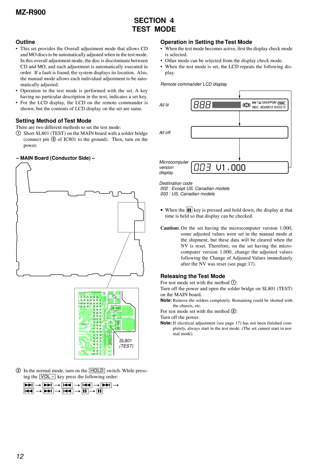Sony service manual MZ-R900 SECTION TEST MODE, Outline, Setting Method of Test Mode, Operation in Setting the Test Mode 
