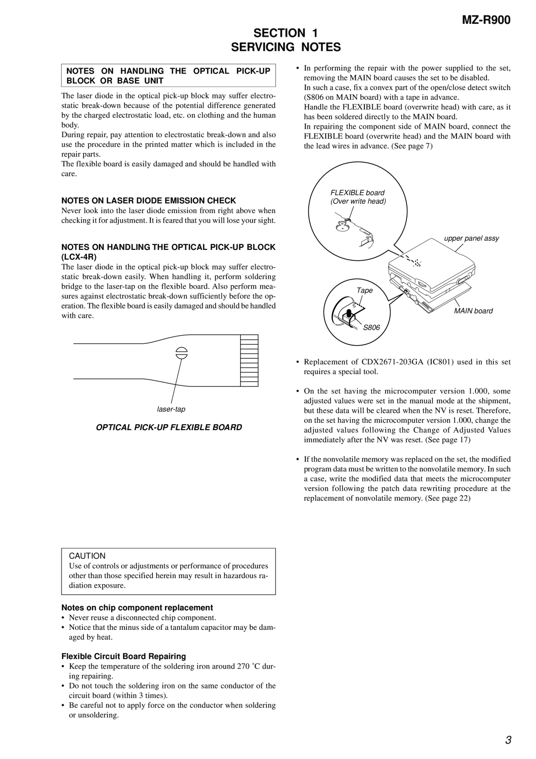 Sony service manual MZ-R900 SECTION SERVICING NOTES, Notes On Laser Diode Emission Check, Optical Pick-Upflexible Board 