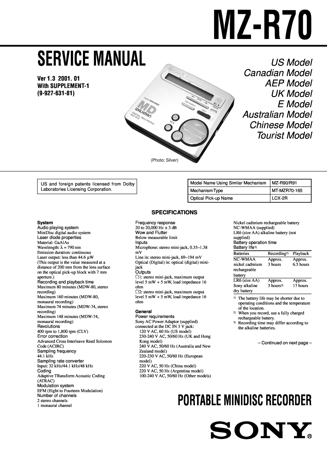 Sony MT-MZR70-165 service manual US Model, Canadian Model, AEP Model, UK Model, E Model, Australian Model, Chinese Model 