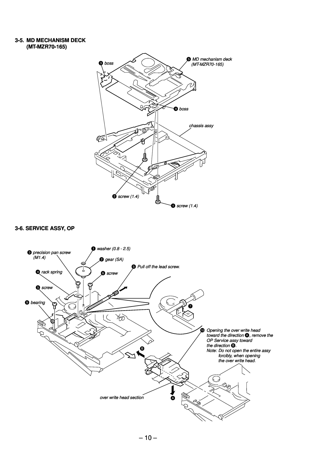 Sony MZ-R90/R91 service manual MD MECHANISM DECK MT-MZR70-165, Service Assy, Op, over write head section 