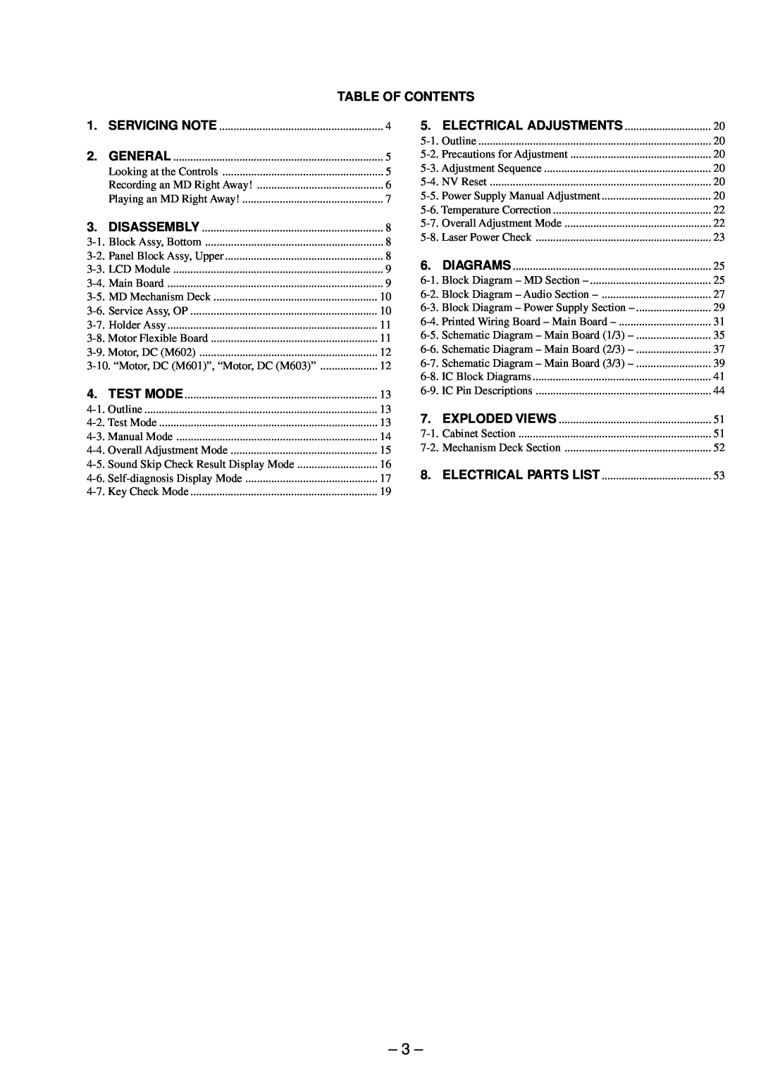 Sony MT-MZR70-165, MZ-R90/R91 service manual Table Of Contents 