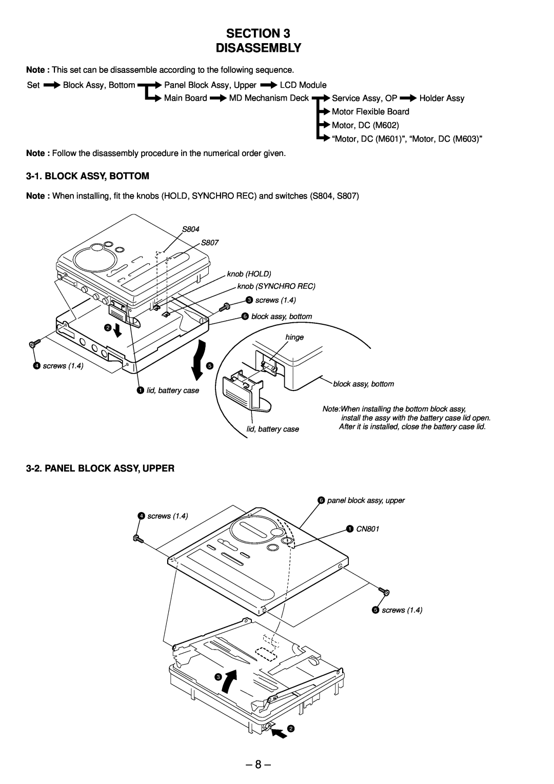 Sony MZ-R90/R91, MT-MZR70-165 service manual Section Disassembly 