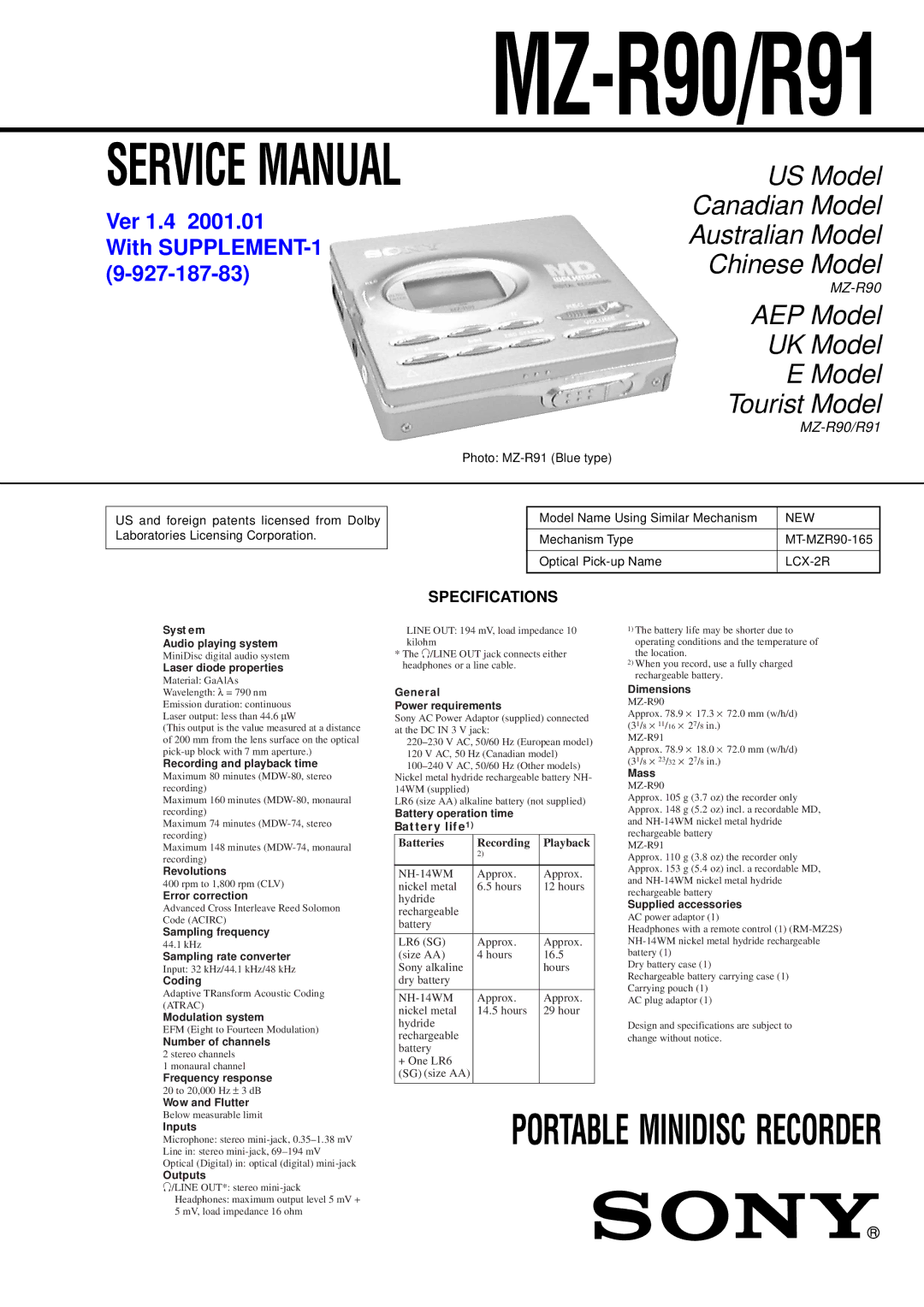 Sony MZ-R91 service manual Specifications, New, LCX-2R 