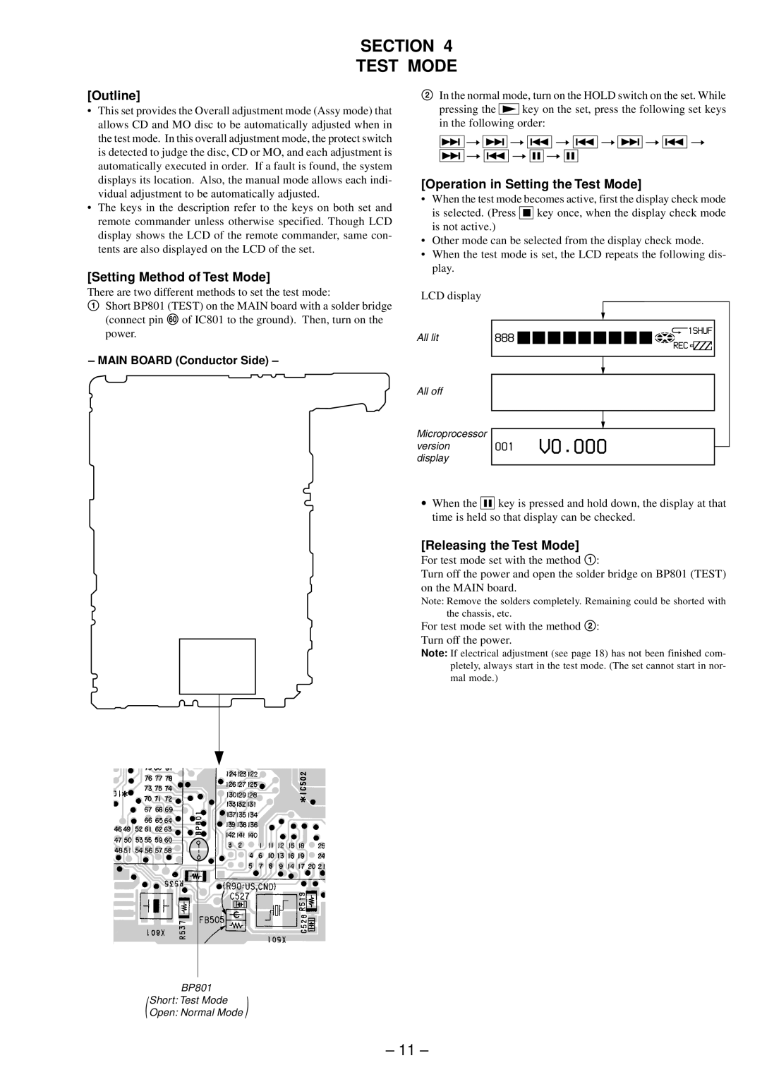 Sony MZ-R91 Outline, Setting Method of Test Mode, Operation in Setting the Test Mode, Releasing the Test Mode 