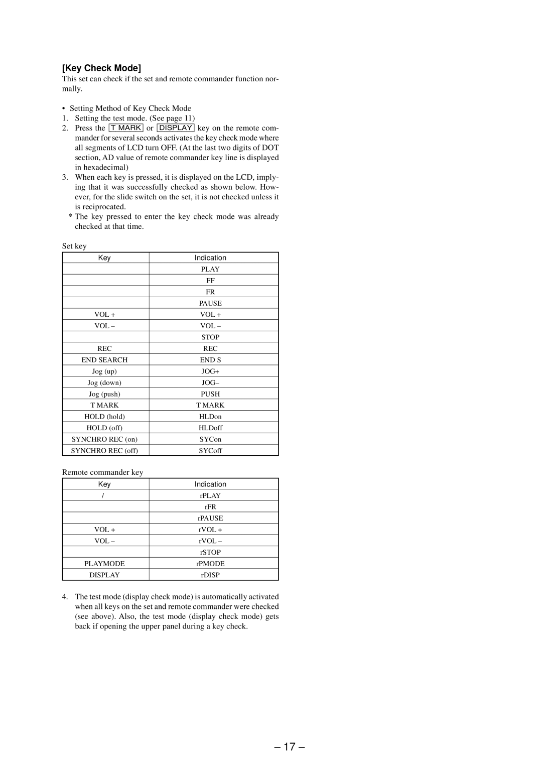 Sony MZ-R91 service manual Key Check Mode, Key Indication 