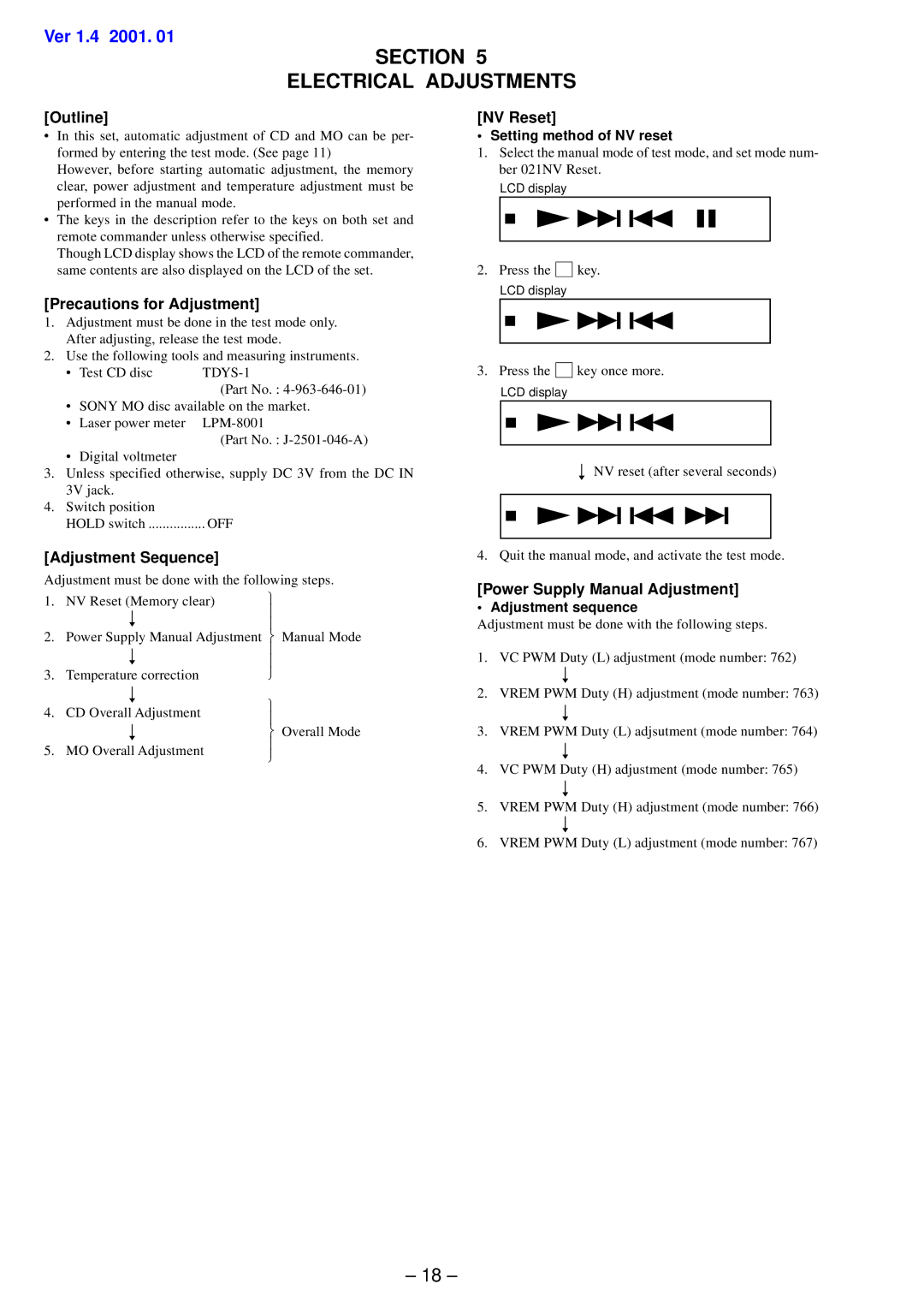 Sony MZ-R91 service manual E s N, E s O K ?, E s e t, Section Electrical Adjustments 