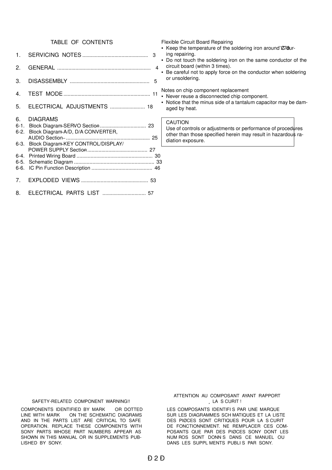 Sony MZ-R91 Table of Contents, Diagrams, Exploded Views Electrical Parts List, Flexible Circuit Board Repairing 