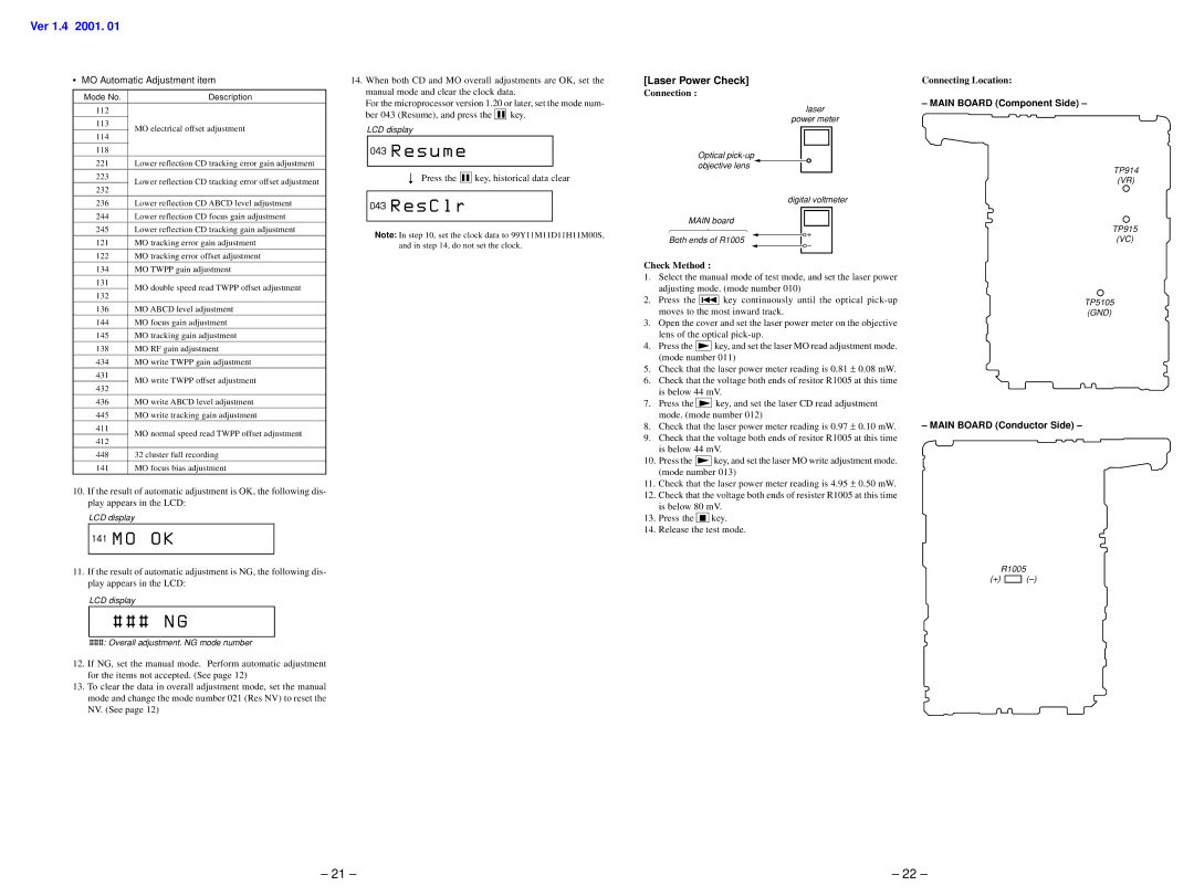 Sony MZ-R91 service manual O O K, E s u m e, E s C l r, Laser Power Check, Main Board Component Side 