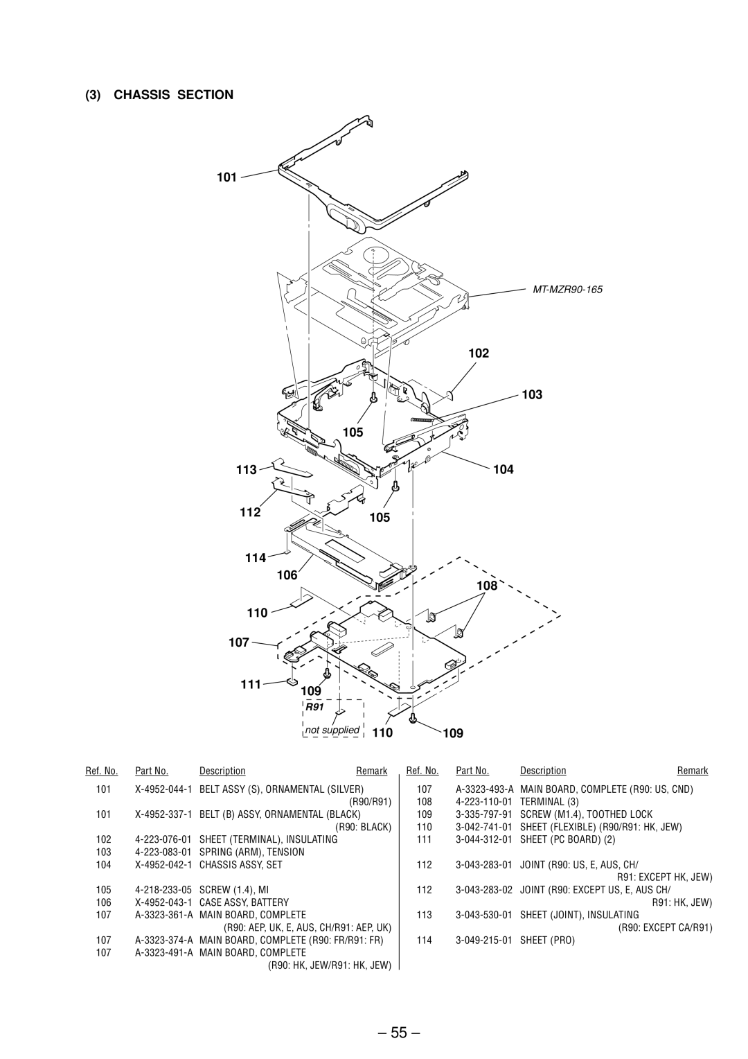 Sony MZ-R91 service manual Chassis Section, 101 105 113 112 114 106 110 107 111 109, 102 103 104 108 109 