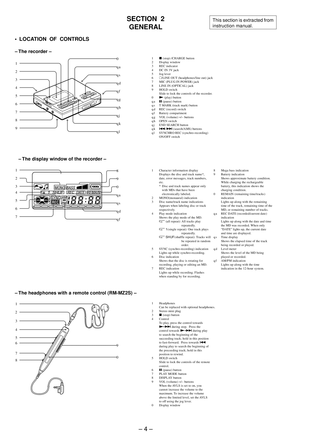 Sony MZ-R91 service manual Section, General, Location of Controls, Recorder Display window of the recorder 