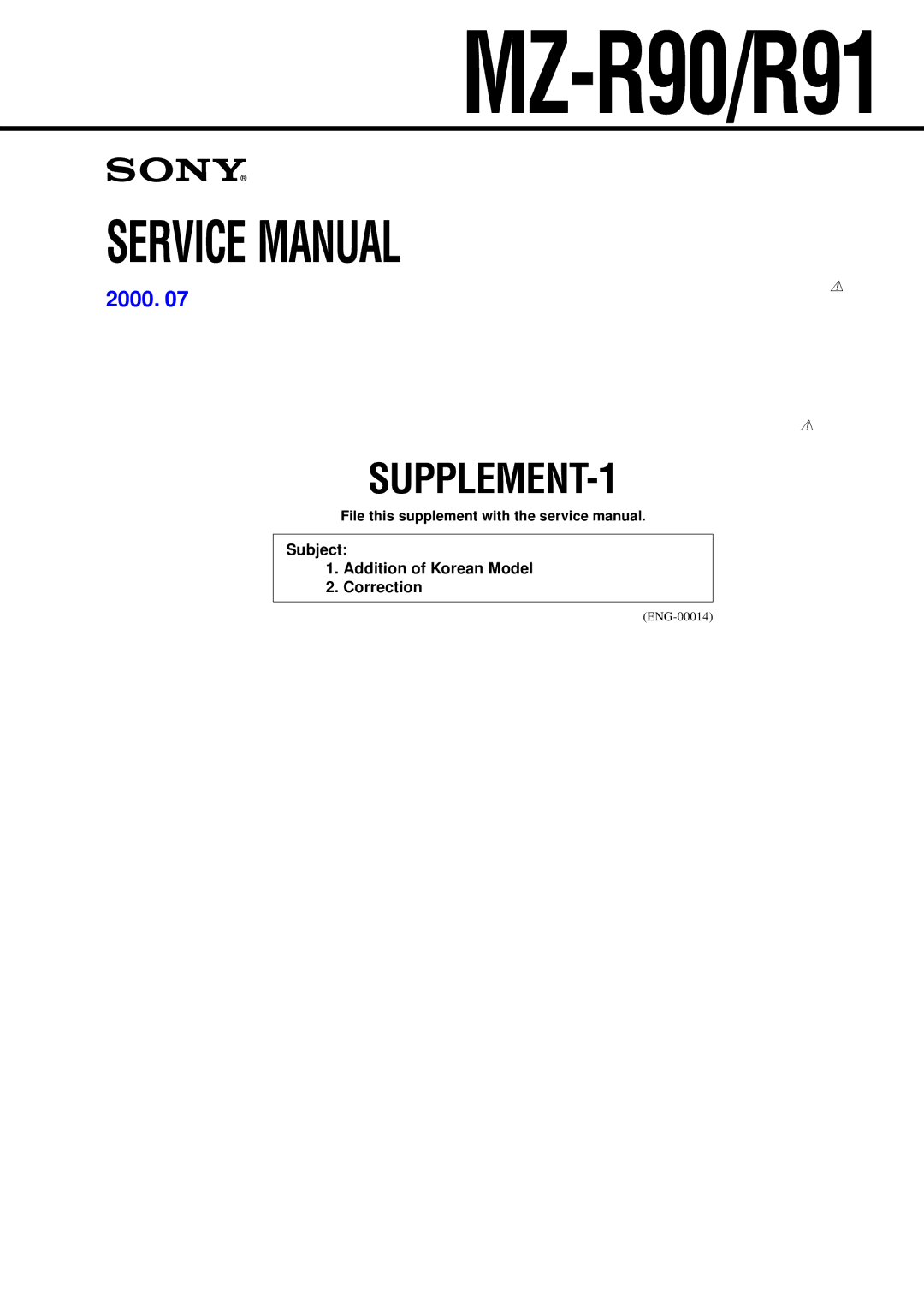 Sony MZ-R91 service manual MZ-R90/R91, Subject Addition of Korean Model Correction 