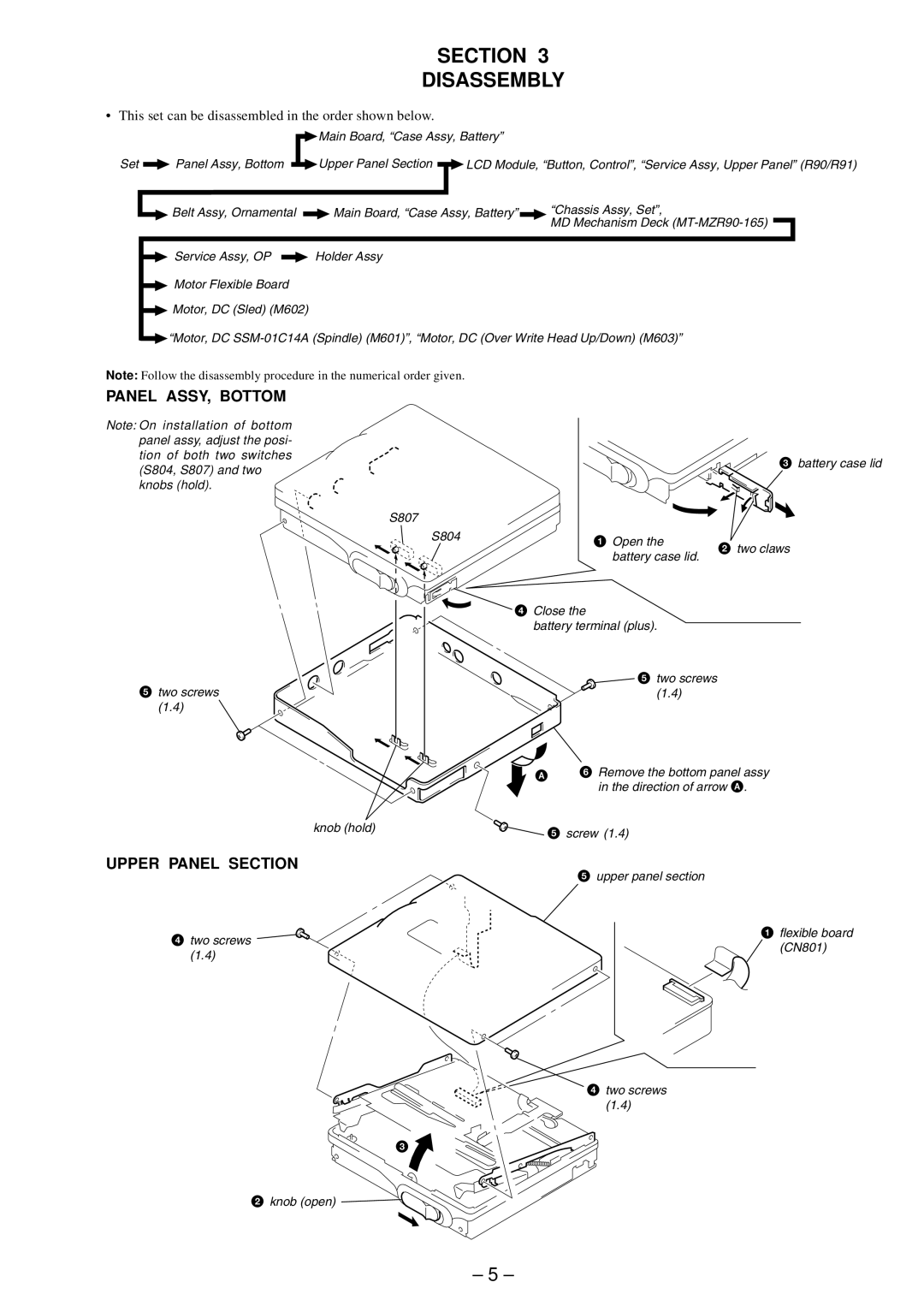 Sony MZ-R91 service manual Section Disassembly, Panel ASSY, Bottom, Upper Panel Section 