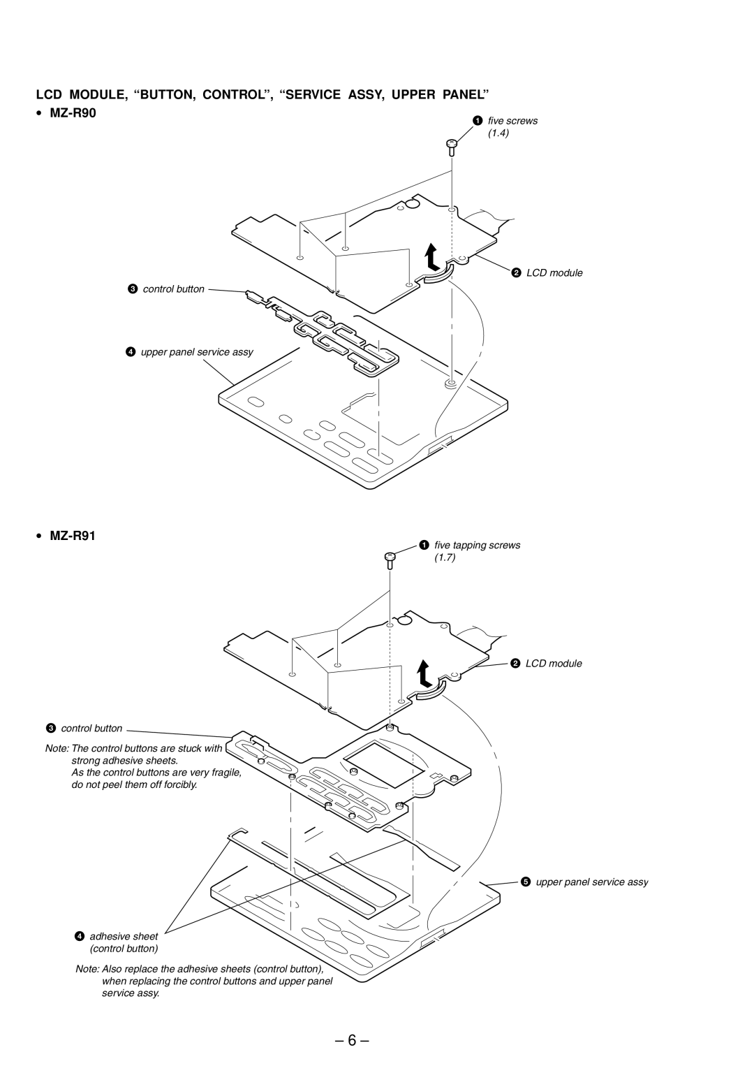 Sony MZ-R91 service manual LCD MODULE, BUTTON, CONTROL, Service ASSY, Upper Panel, MZ-R90 
