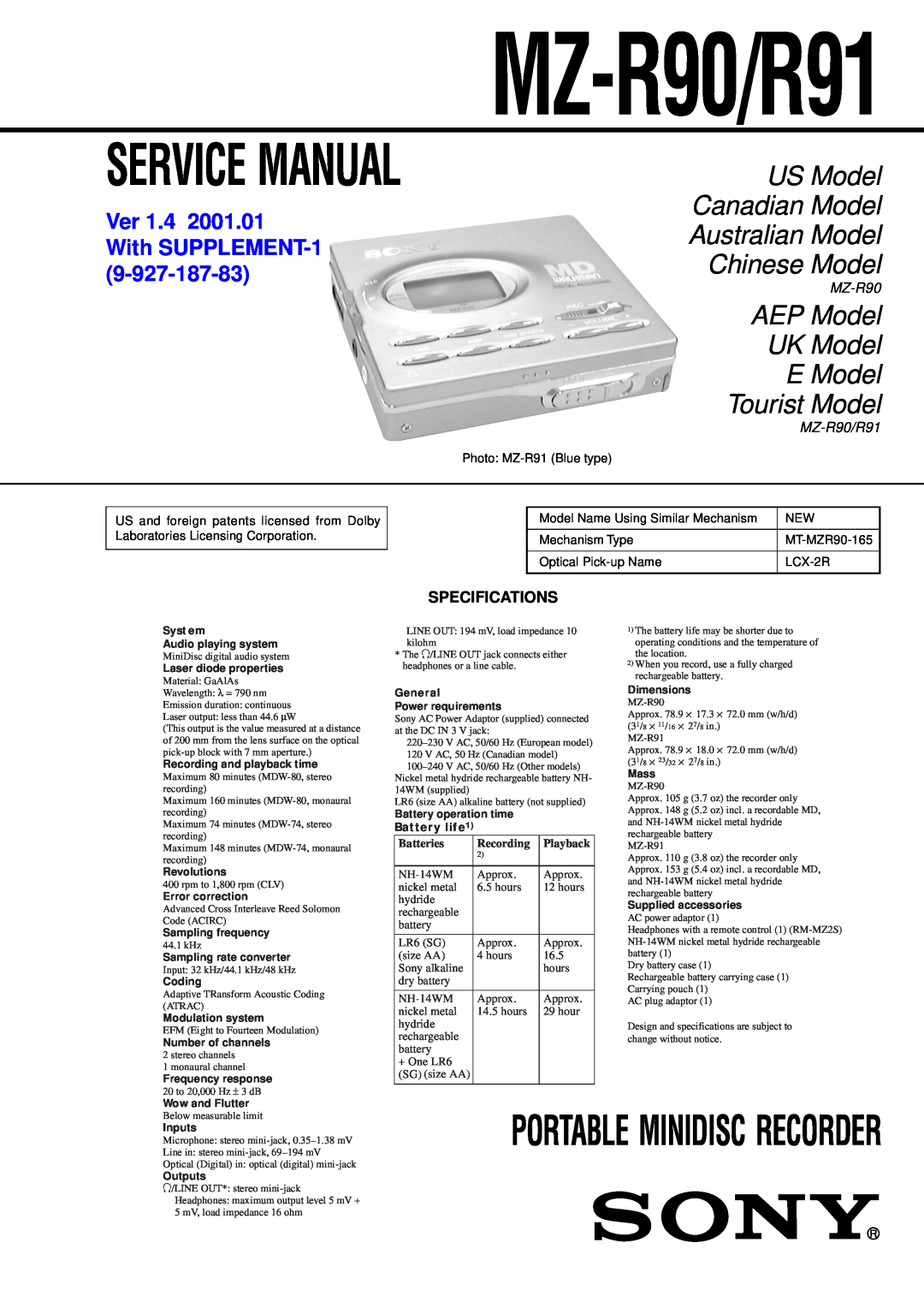 Sony MZ-R91 service manual US Model Canadian Model Australian Model, Chinese Model, Ver, MZ-R90/R91, With SUPPLEMENT-1 