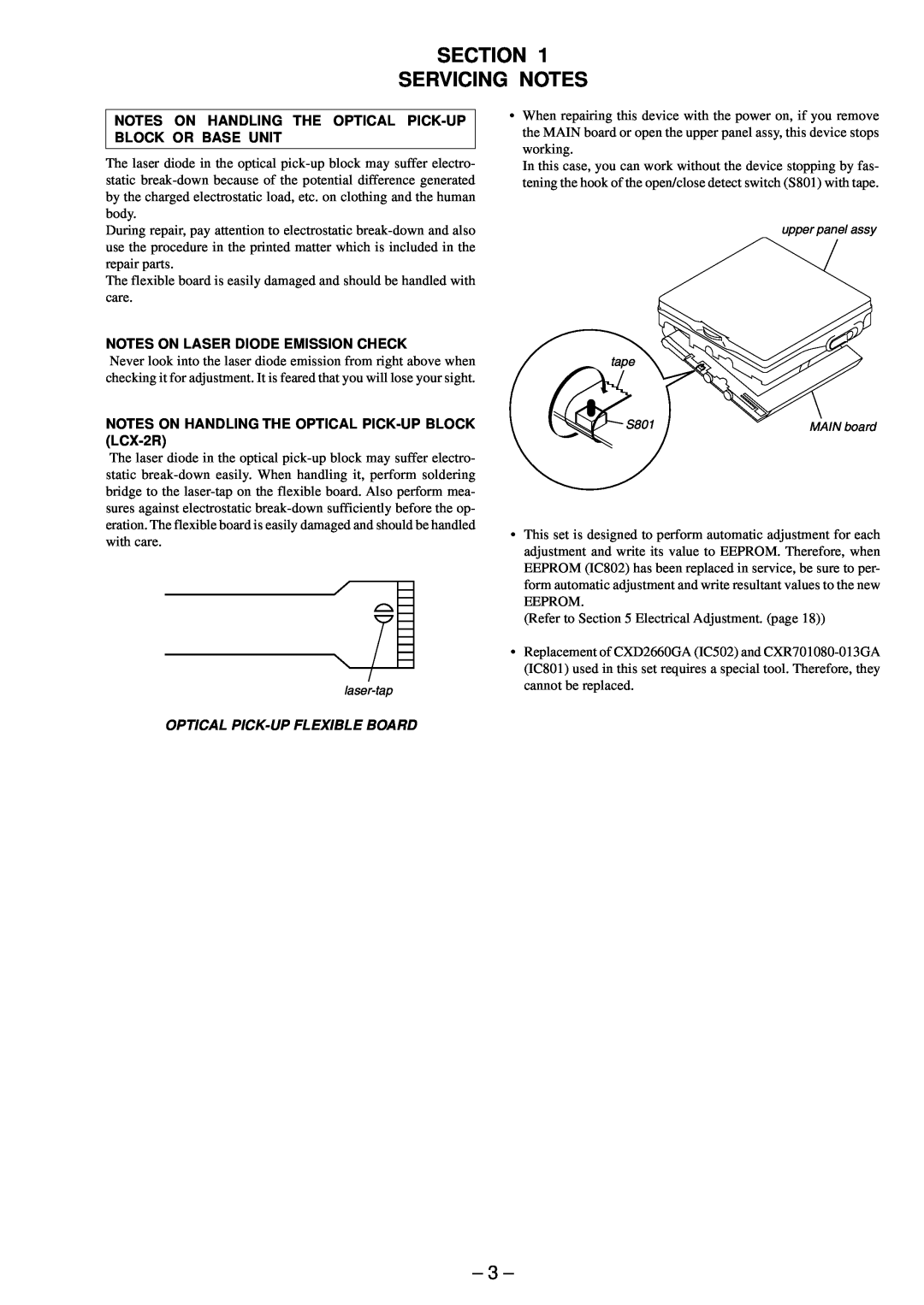 Sony MZ-R91 service manual Section Servicing Notes, Notes On Laser Diode Emission Check, Optical Pick-Upflexible Board 