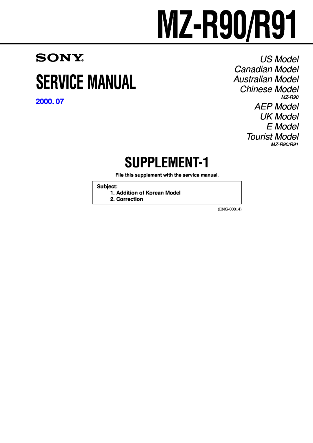 Sony MZ-R91 service manual 2000, MZ-R90/R91, SUPPLEMENT-1, US Model Canadian Model Australian Model, Chinese Model 