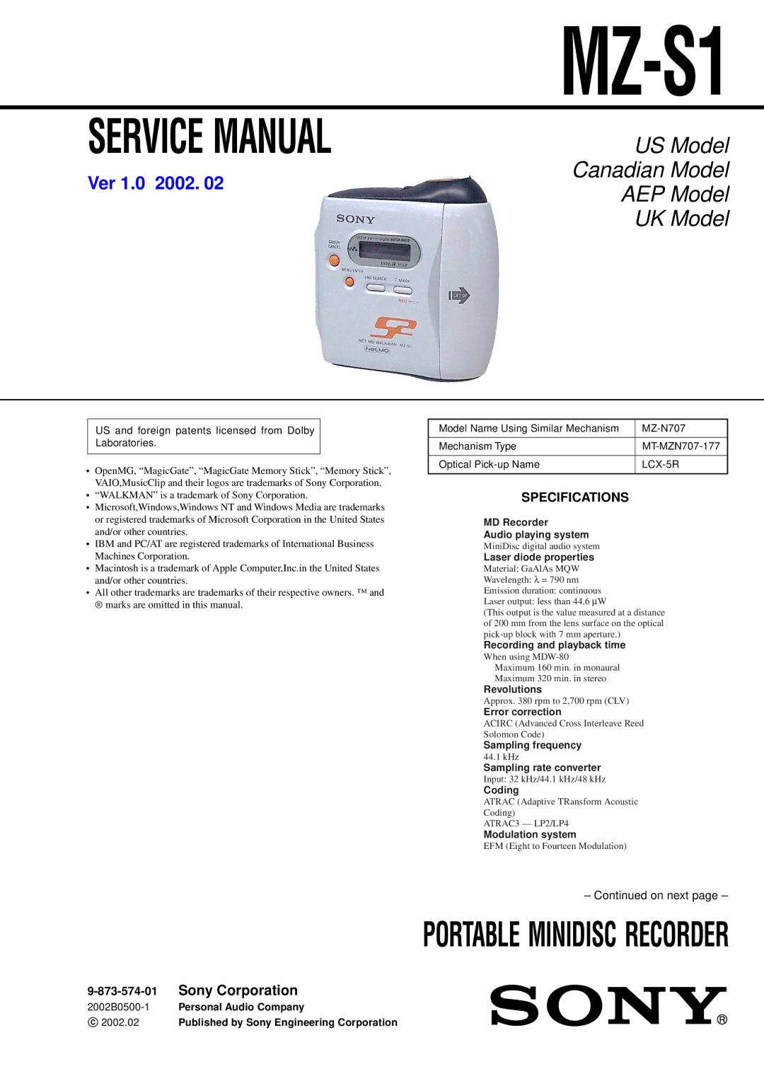 Sony MZ-S1 service manual Specifications 