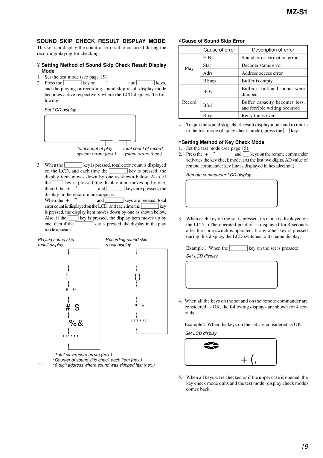 Sony MZ-S1 service manual 000 P**R, 004 FF, Set Ok, Sound Skip Check Result Display Mode 