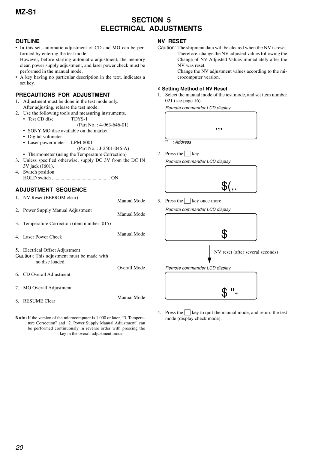 Sony service manual 021 ###SCC, ResOK?, 021 Res, Reset, MZ-S1 Section Electrical Adjustments 