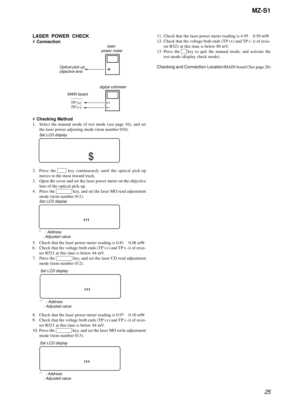 Sony MZ-S1 service manual 011 ###S, 012 ###S, 013 ###S, Laser Power Check 