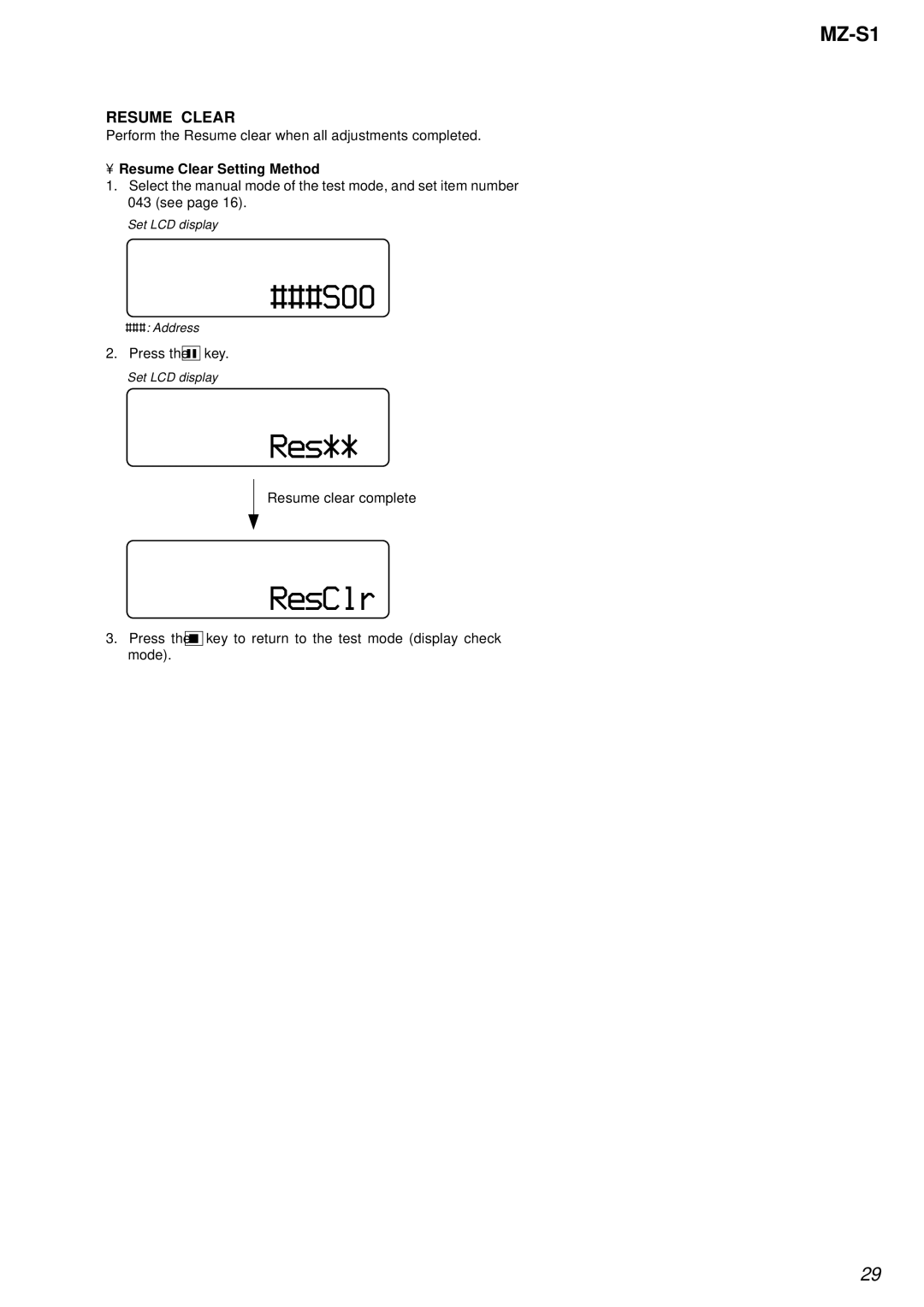 Sony MZ-S1 service manual 043 ###S00, 043 Res, ResClr, Resume Clear Setting Method 