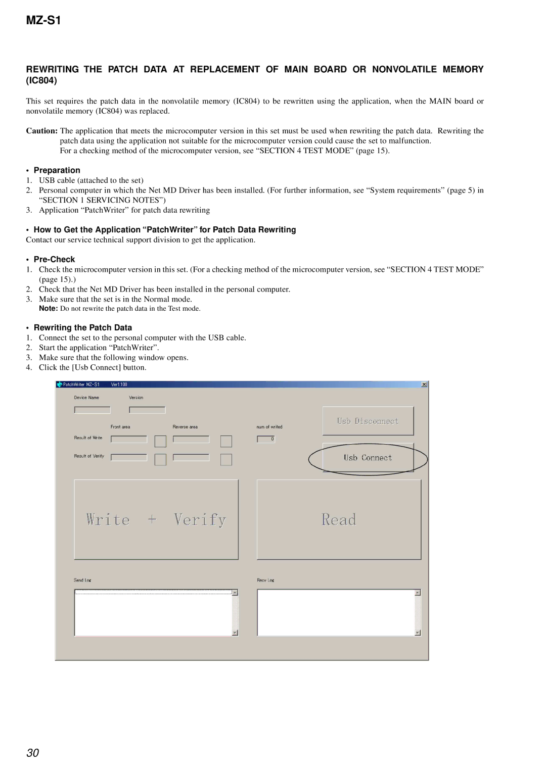 Sony MZ-S1 service manual Preparation, Servicing Notes, Pre-Check, Rewriting the Patch Data 