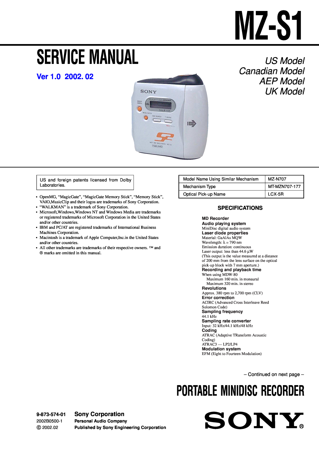 Sony MZ-S1 service manual Portable Minidisc Recorder, US Model, Canadian Model, AEP Model, UK Model, Ver, Sony Corporation 