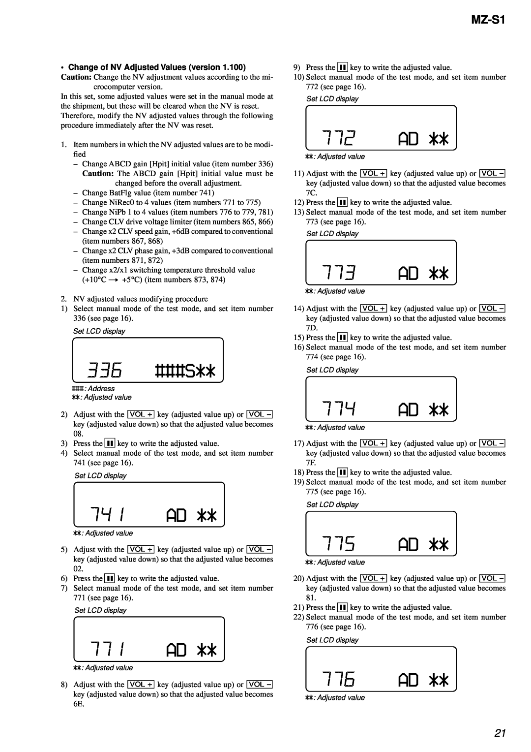Sony MZ-S1 service manual 336###S, 741AD, 771AD, 772AD, 773AD, 774AD, 775AD, 776AD, Change of NV Adjusted Values version 