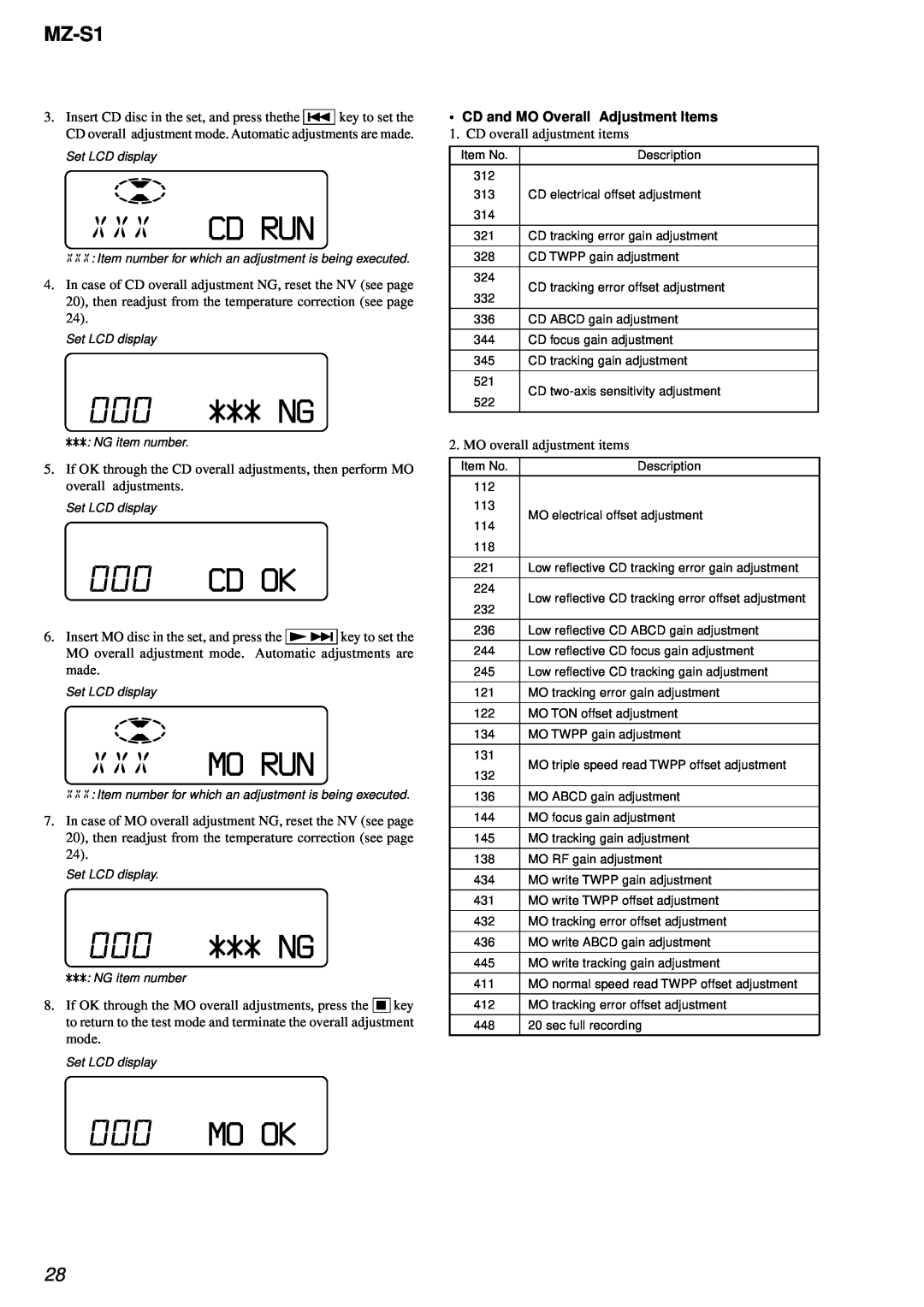 Sony MZ-S1 service manual Xxxcd Run, 000*** NG, 000CD OK, Xxxmo Run, 000MO OK, CD and MO Overall Adjustment Items 