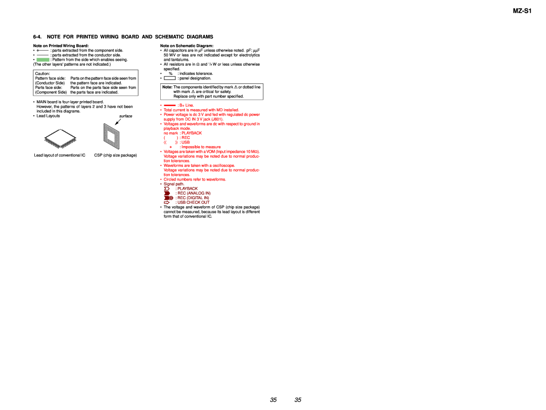 Sony MZ-S1 service manual Note on Printed Wiring Board, Note on Schematic Diagram, Signal path E PLAYBACK j REC ANALOG IN 